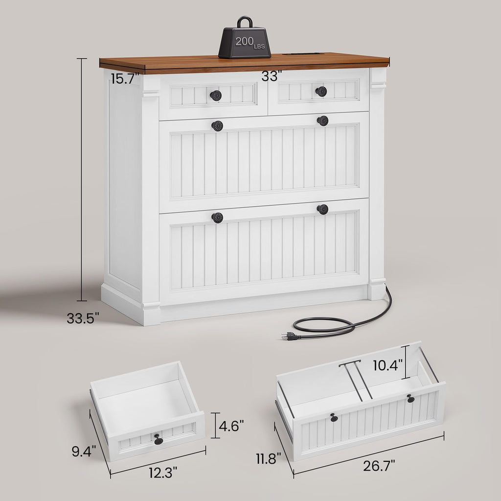 White Brown 4 Drawer Wood File Cabinet with Power Outlets N697684