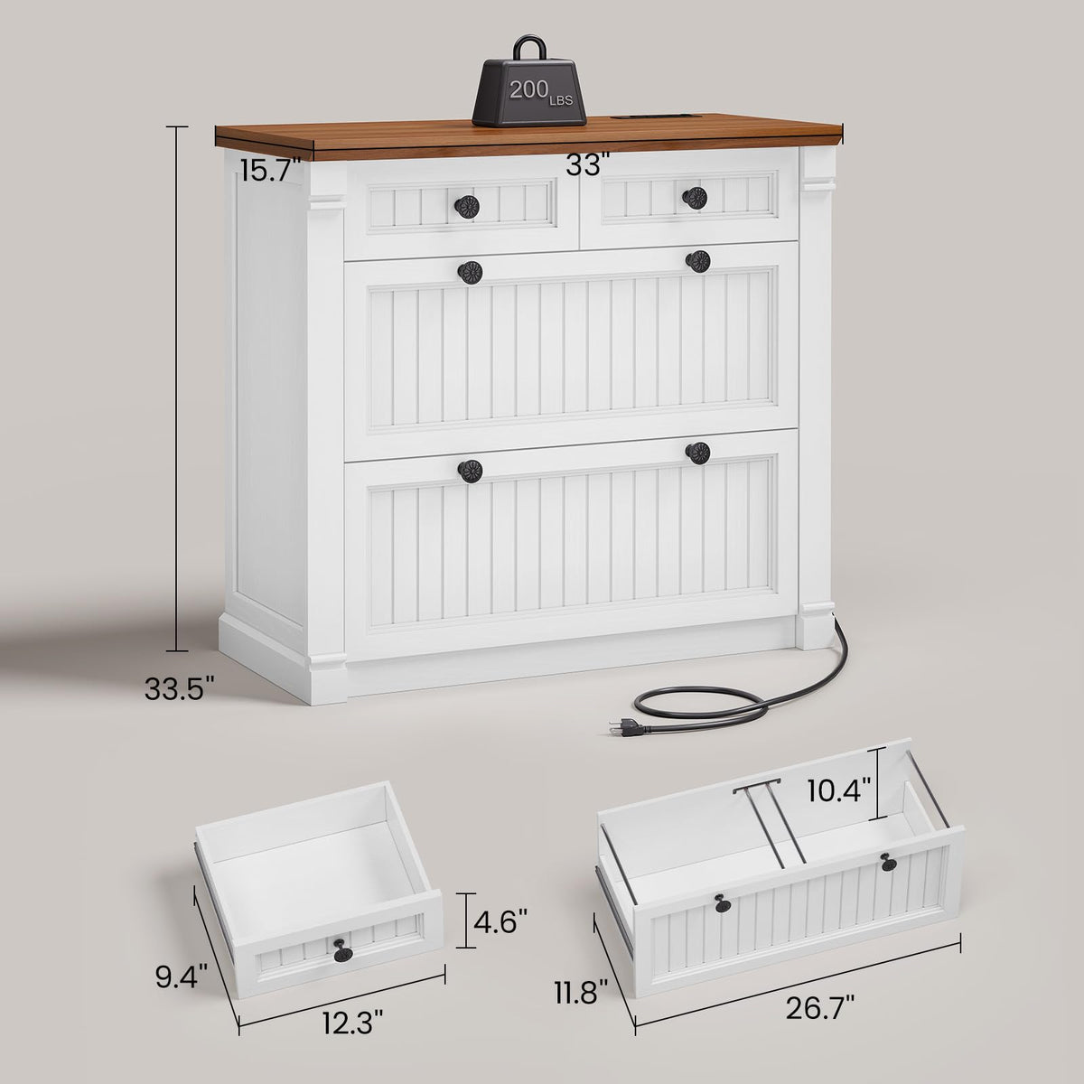White Brown 4 Drawer Wood File Cabinet with Power Outlets N697684