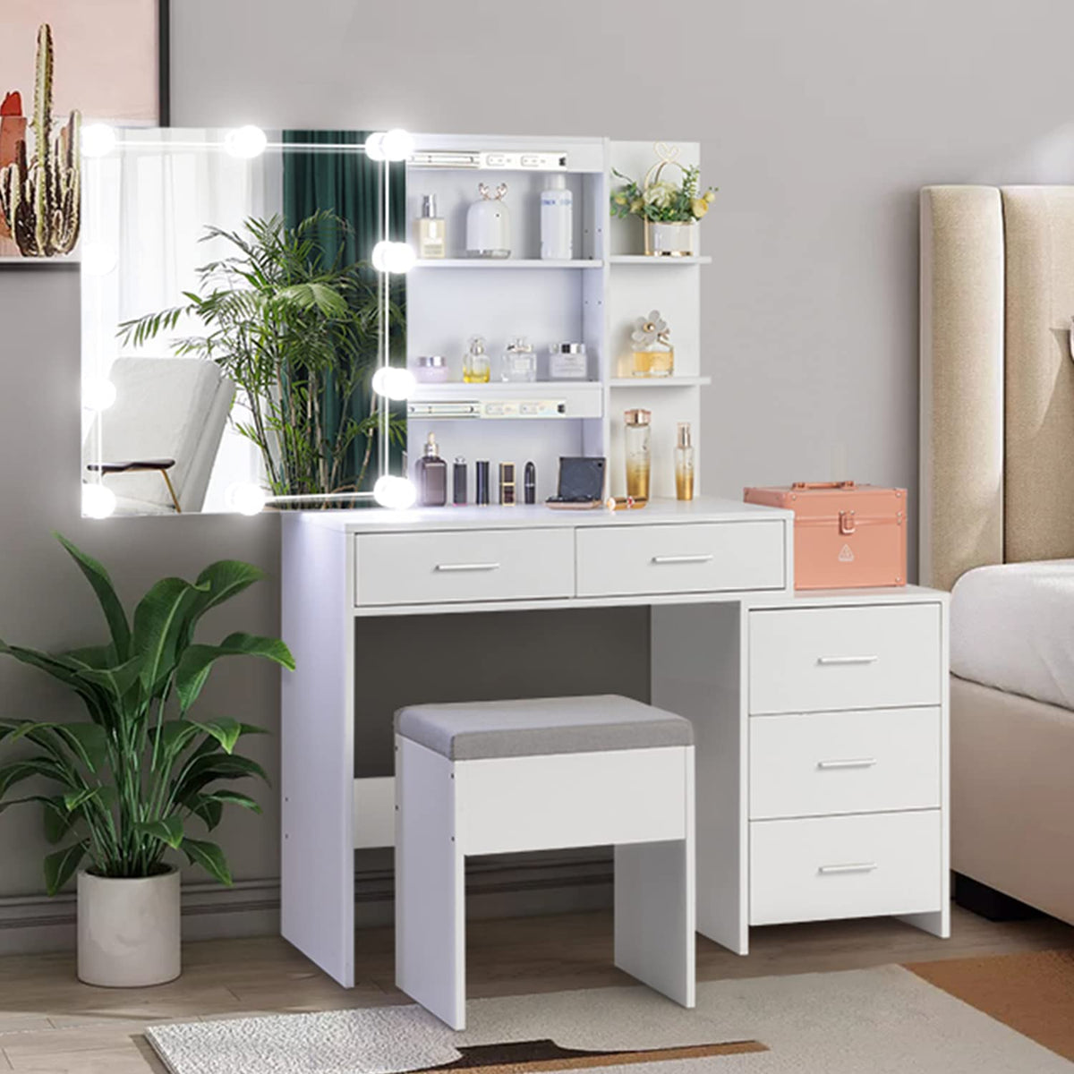 White Vanity Desk with Sliding Mirror Q236