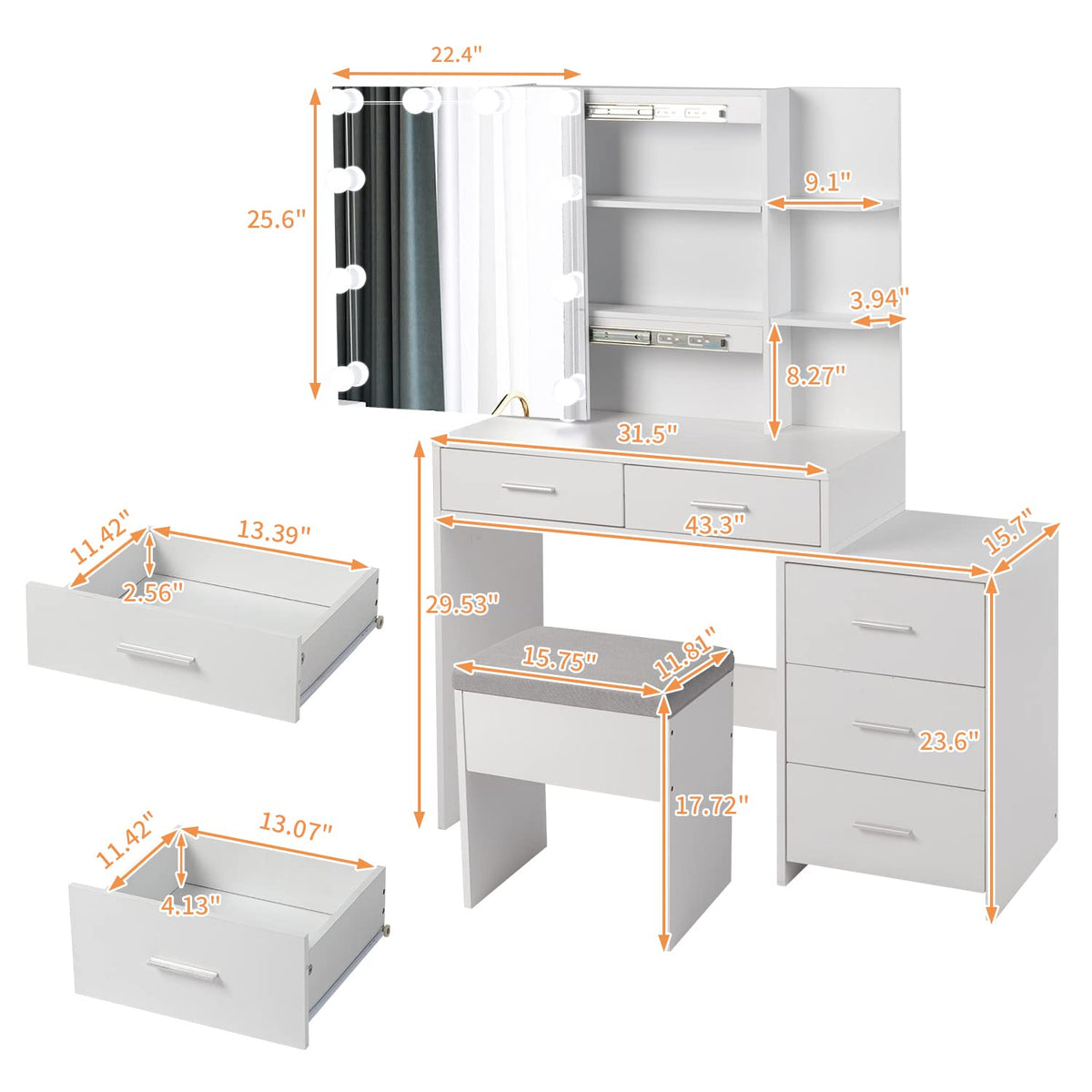 White Vanity Desk with Sliding Mirror Q236