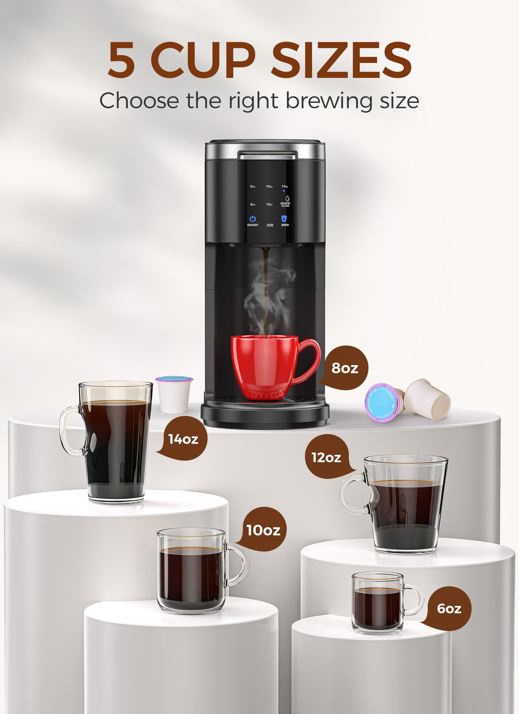 Single Serve Coffee Maker with 40 Oz Water Tank, 5 Brew Sizes, Black M807