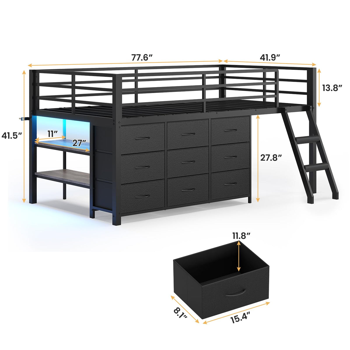 Twin Size Loft Bed with 9 Storage Drawers F4152