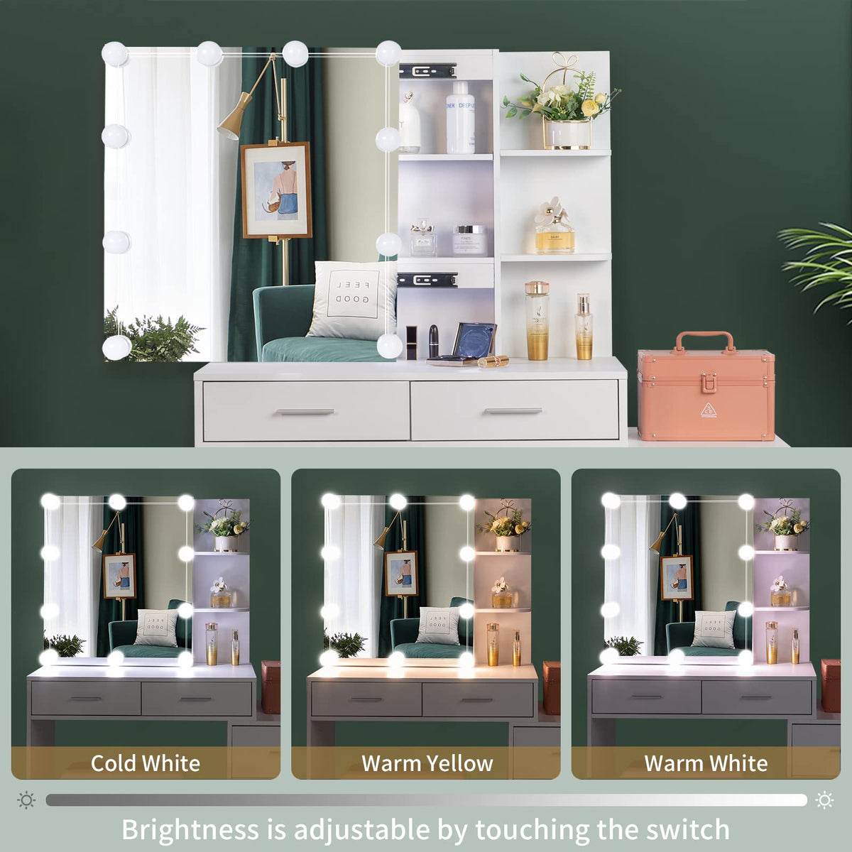 White Vanity Desk with Sliding Mirror Q236