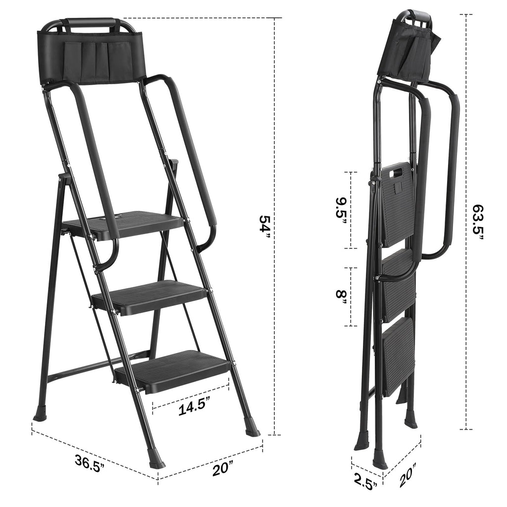 3-Step Ladder with Anti-Slip Platform, 330 lbs Capacity, Steel Frame K555207