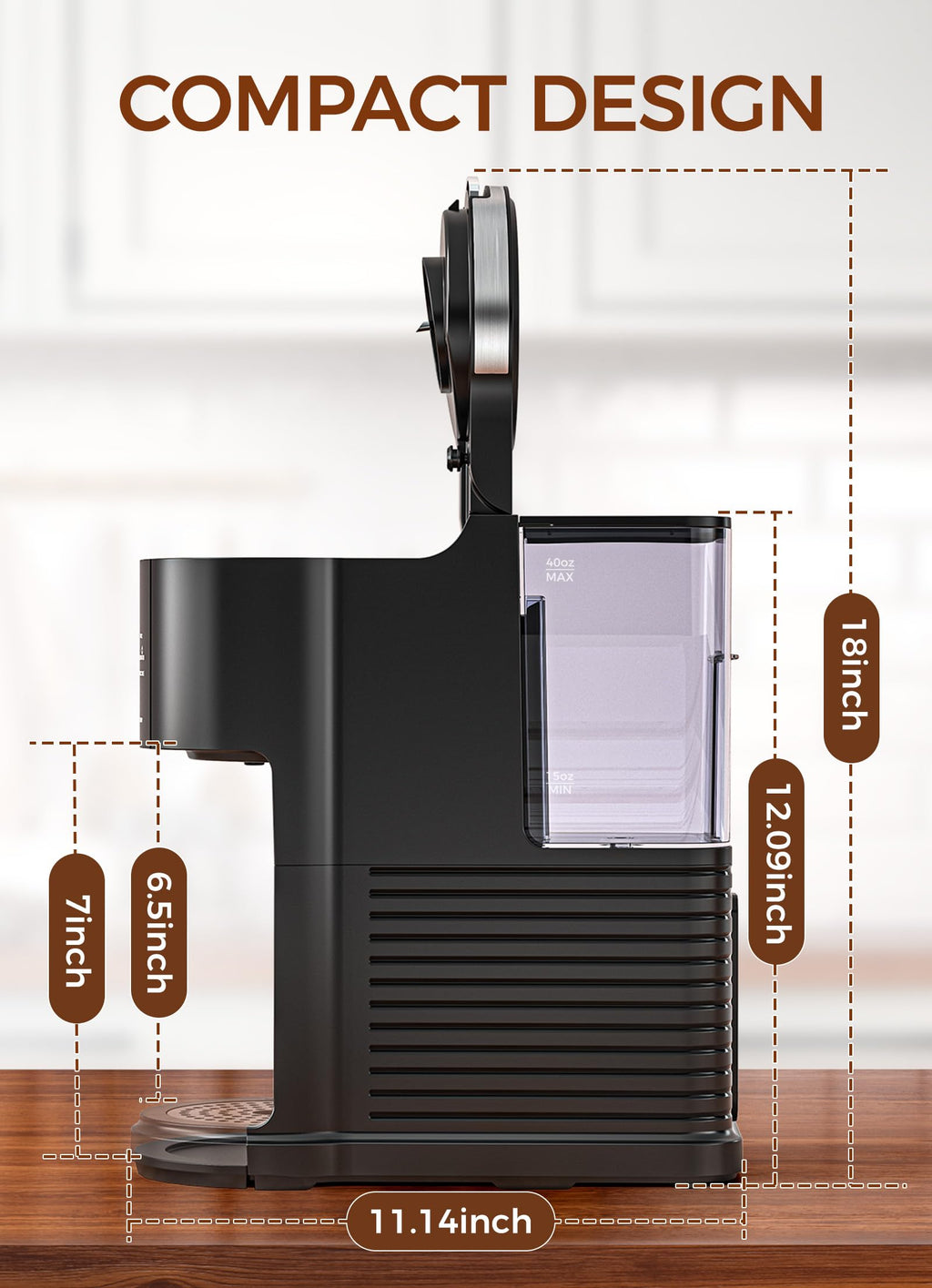 Single Serve Coffee Maker with 40 Oz Water Tank, 5 Brew Sizes, Black M807