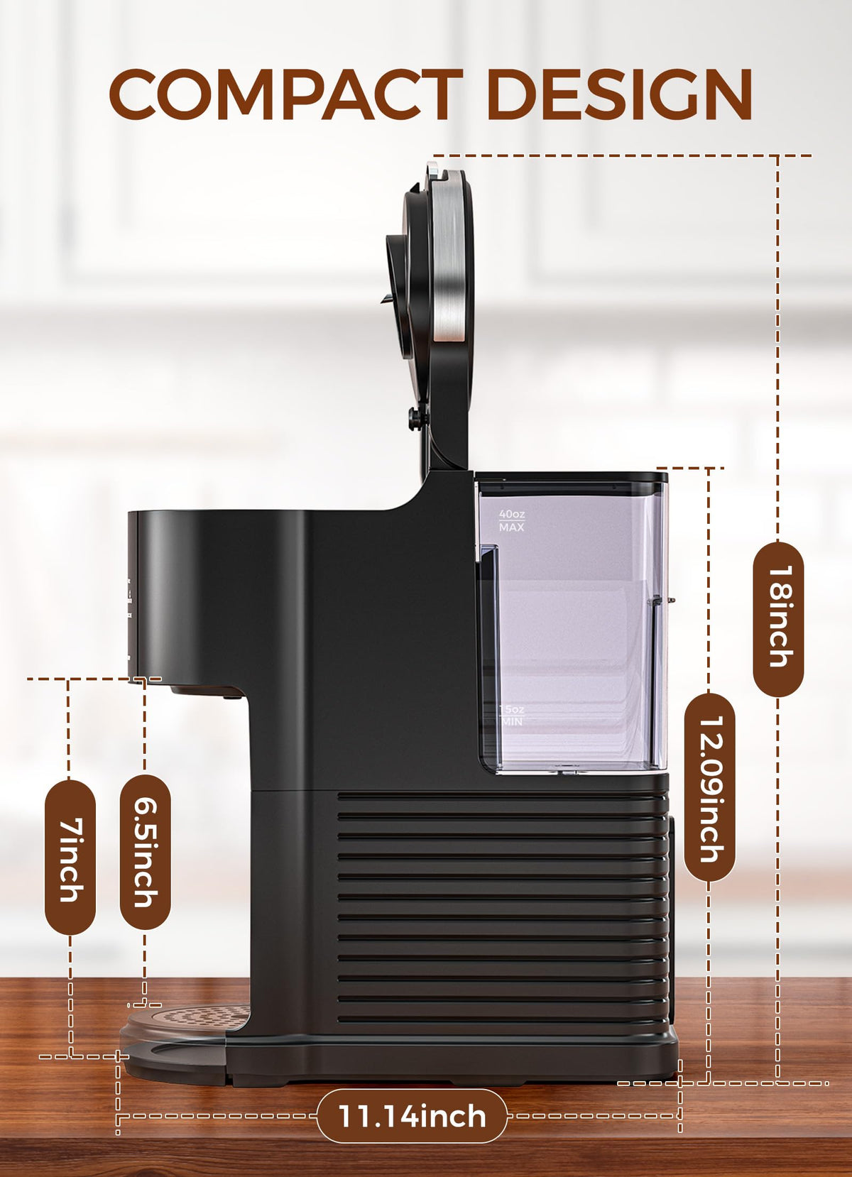 Single Serve Coffee Maker with 40 Oz Water Tank, 5 Brew Sizes, Black M807