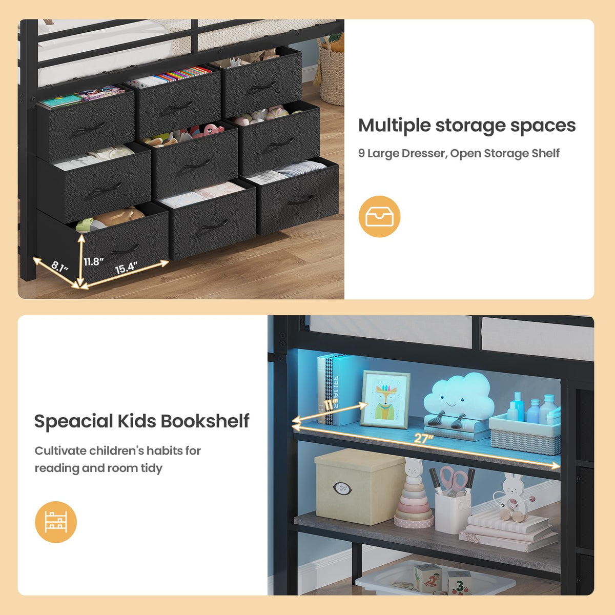 Twin Size Loft Bed with 9 Storage Drawers F4152