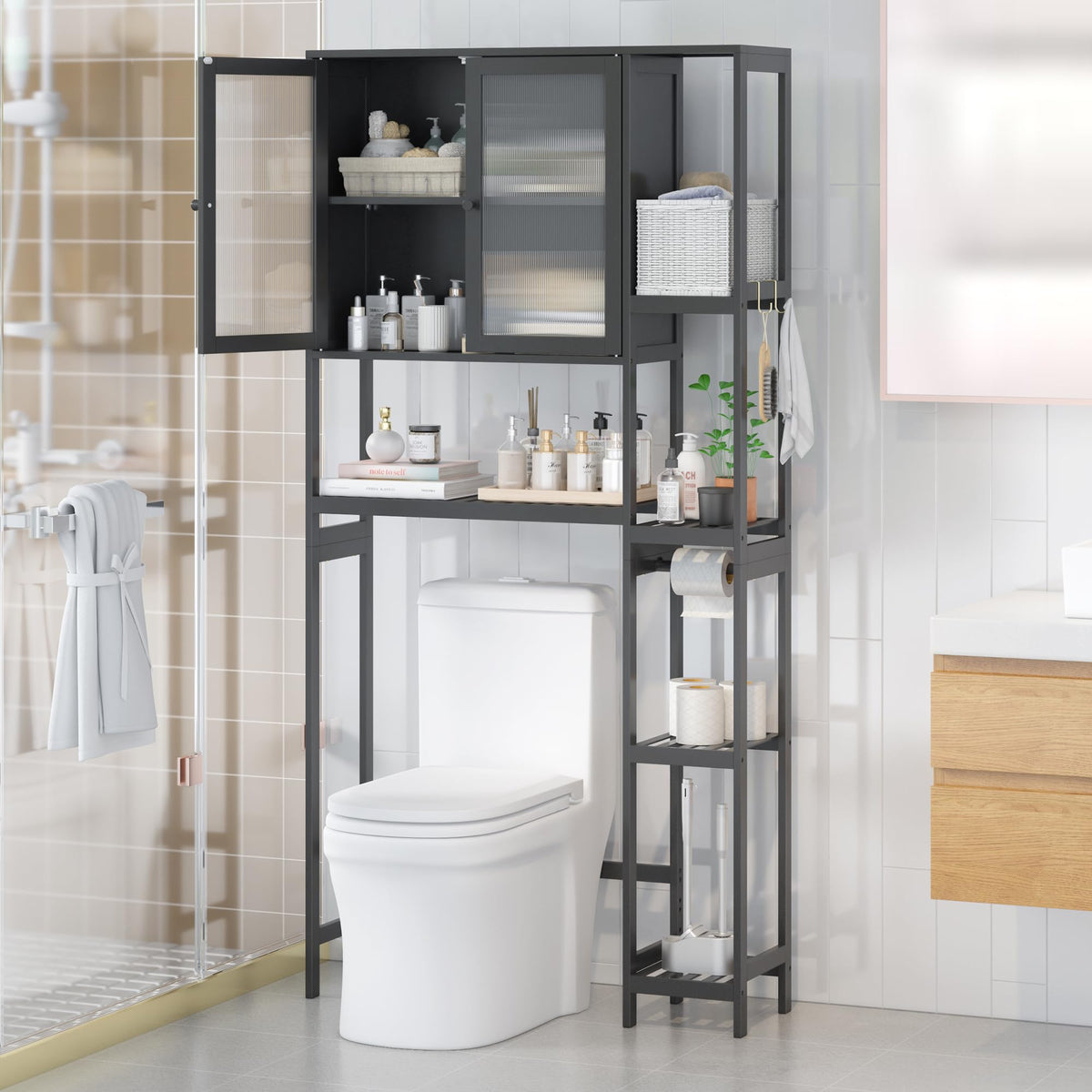 Black Over the Toilet Storage Cabinet with Adjustable Shelves Z904