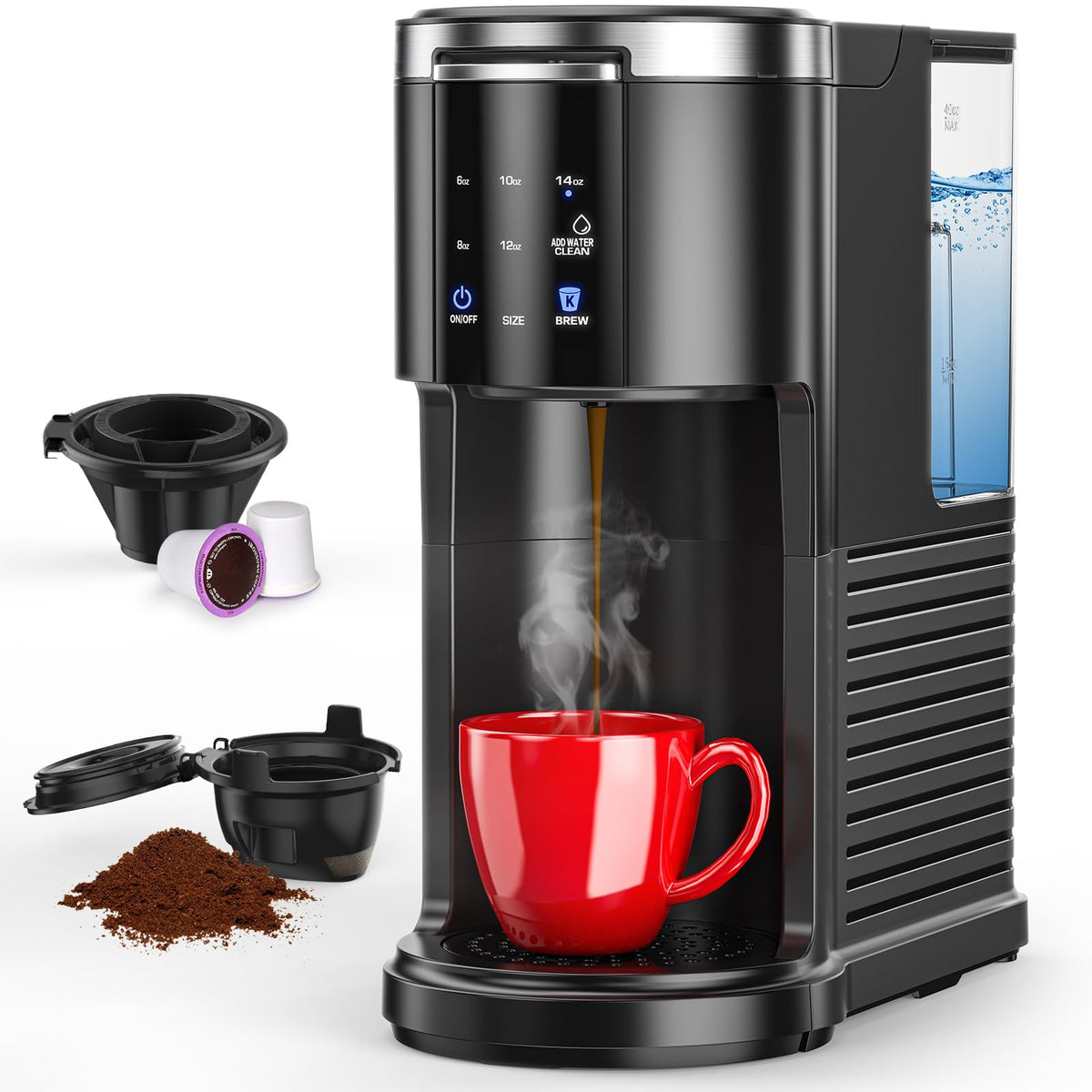 Single Serve Coffee Maker with 40 Oz Water Tank, 5 Brew Sizes, Black M807