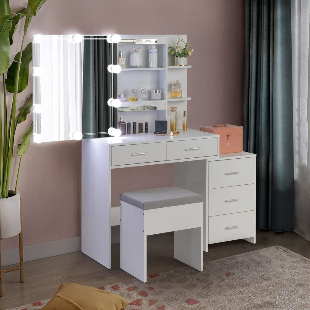 White Vanity Desk with Sliding Mirror Q236