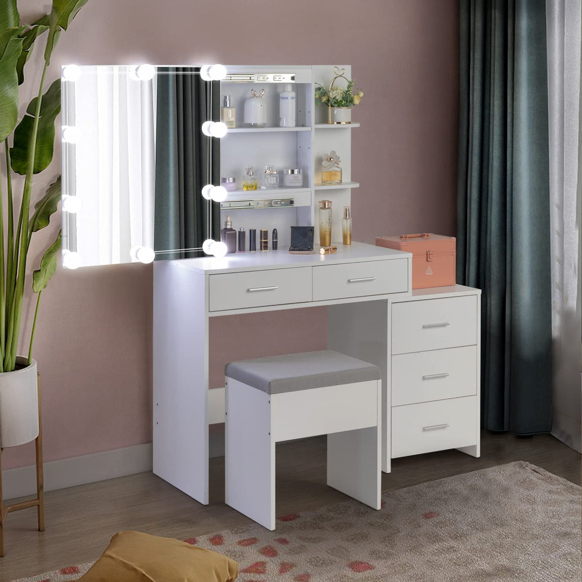 White Vanity Desk with Sliding Mirror Q236