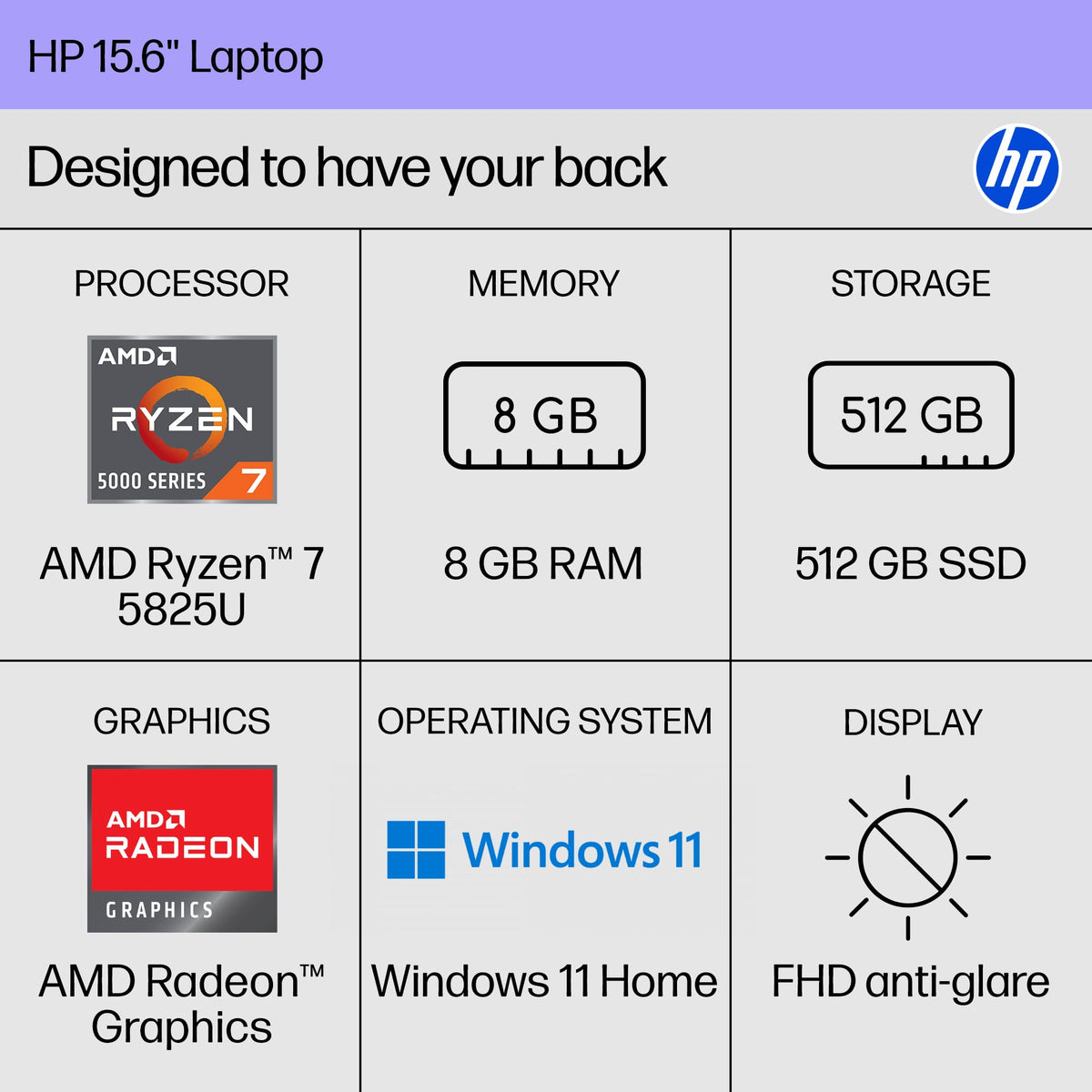15.6 inch Laptop, AMD Ryzen 7, 8 GB RAM, 512 GB SSD, Natural Silver H513