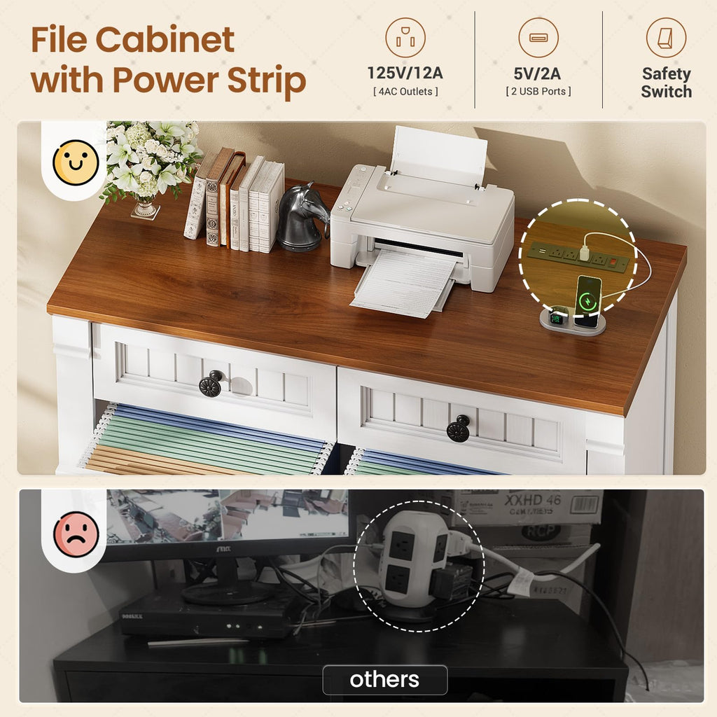 White Brown 4 Drawer Wood File Cabinet with Power Outlets N697684