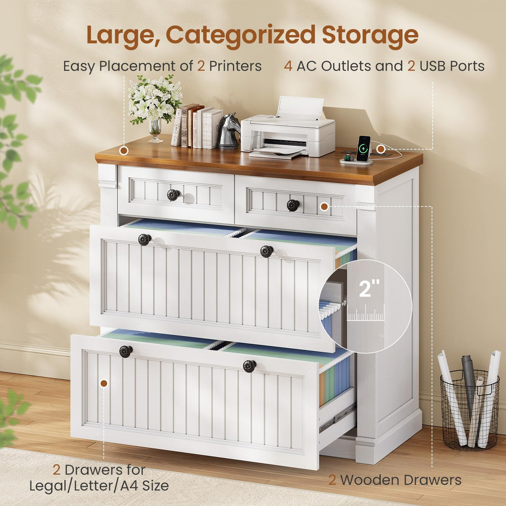 White Brown 4 Drawer Wood File Cabinet with Power Outlets N697684