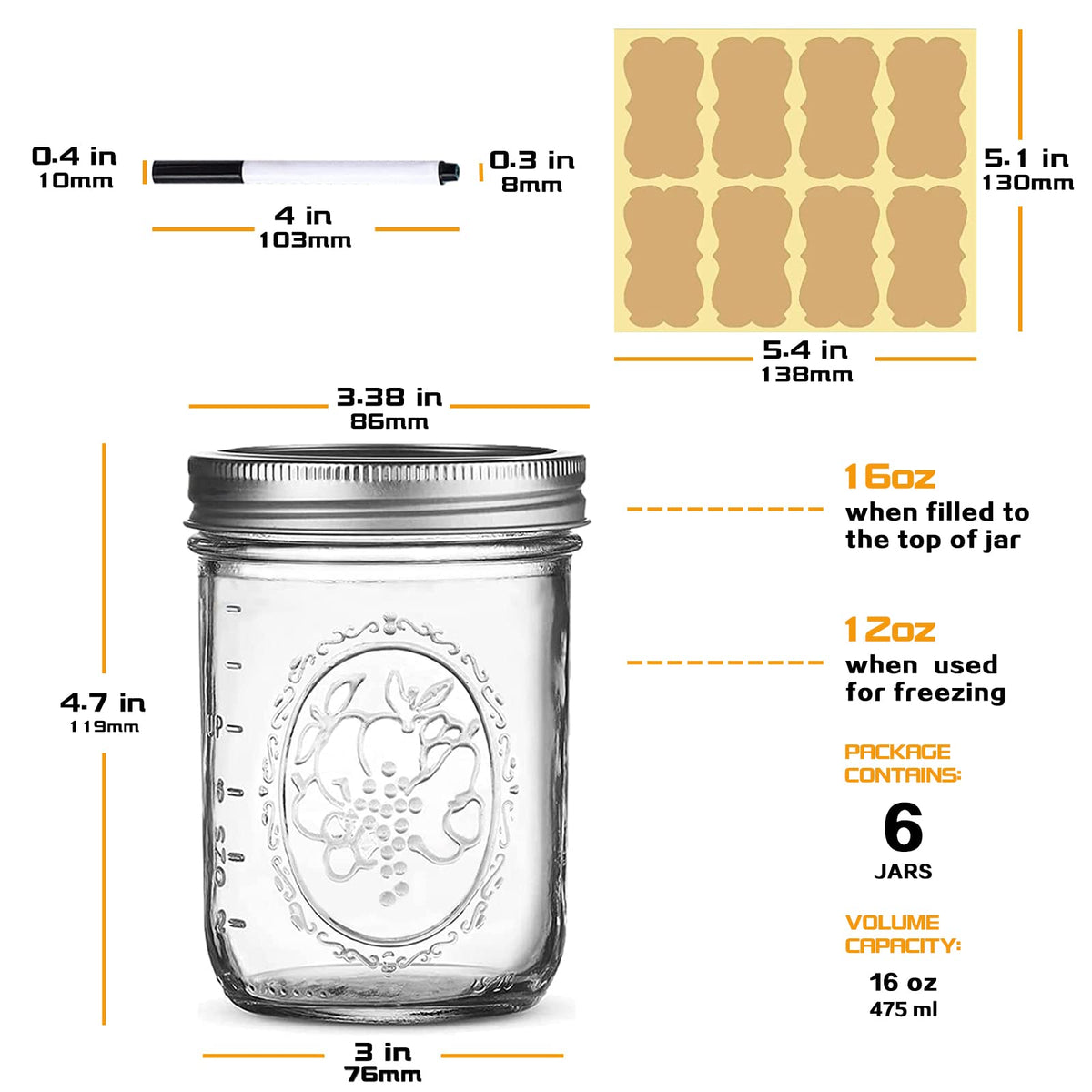 16 oz 6 Pack Wide Mouth Glass Mason Jars with Airtight Lids M1659