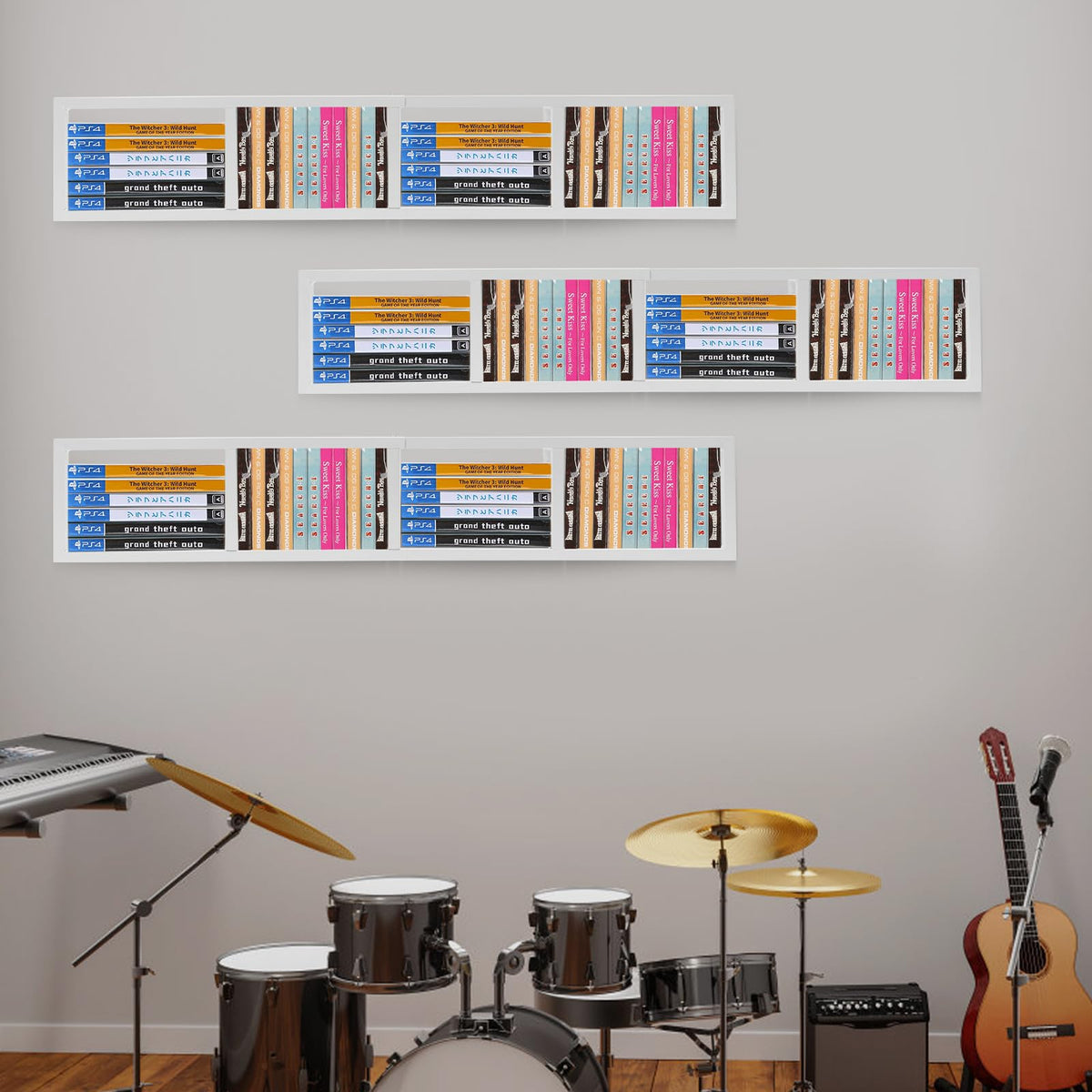 34 Inch Wall Mount Media Storage Rack, 3 pcs CD DVD Organizer Metal Shelf, White Z645