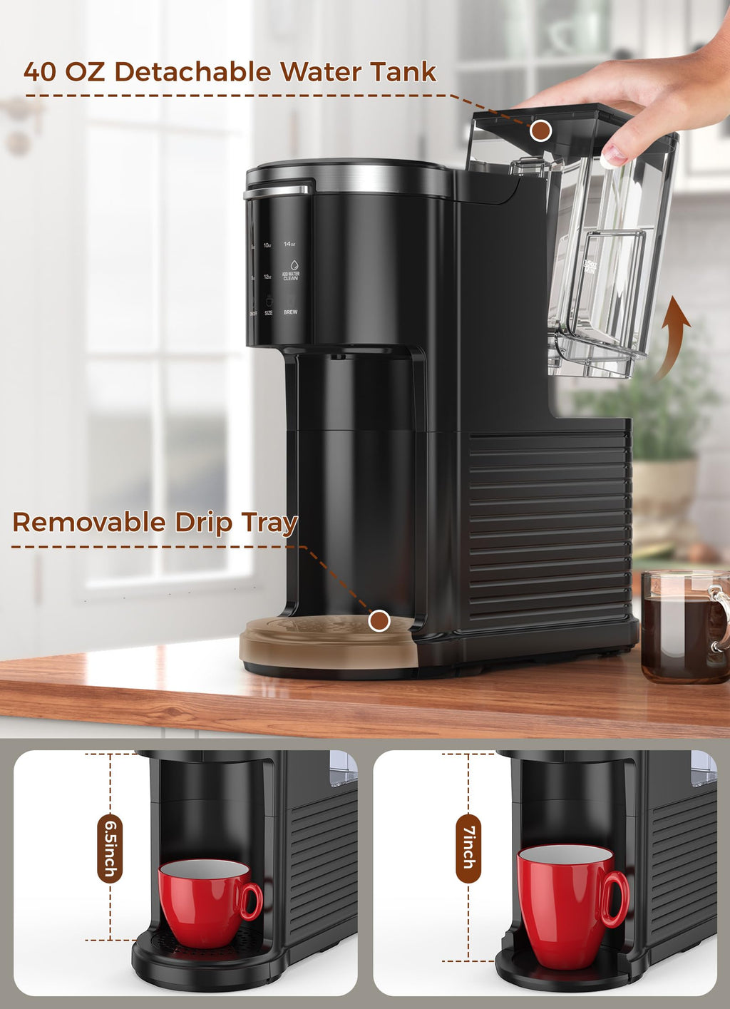 Single Serve Coffee Maker with 40 Oz Water Tank, 5 Brew Sizes, Black M807