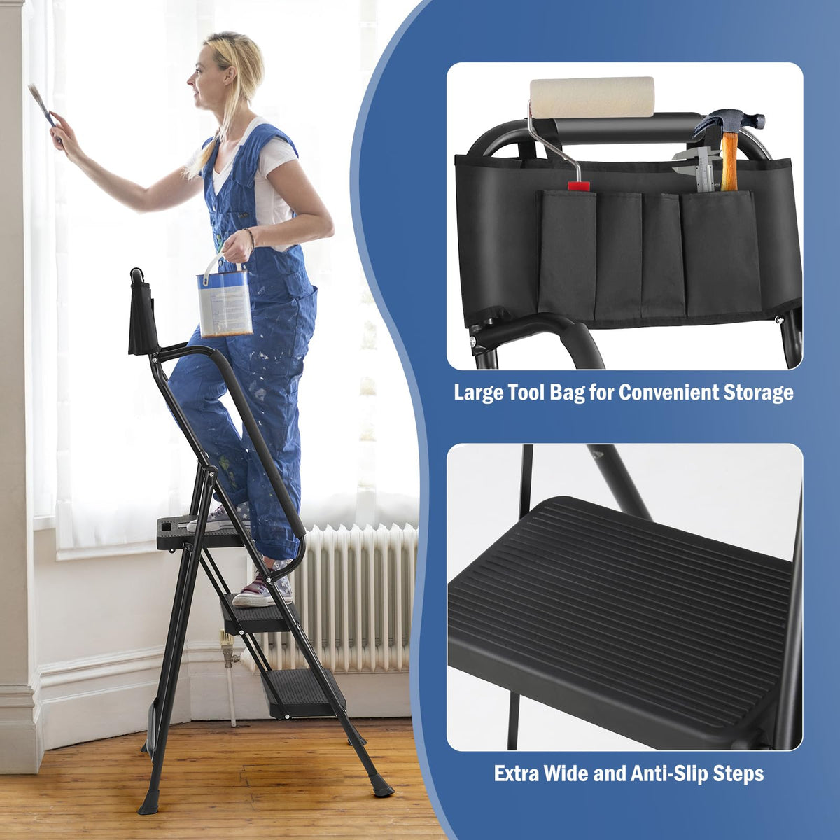 3-Step Ladder with Anti-Slip Platform, 330 lbs Capacity, Steel Frame K555207