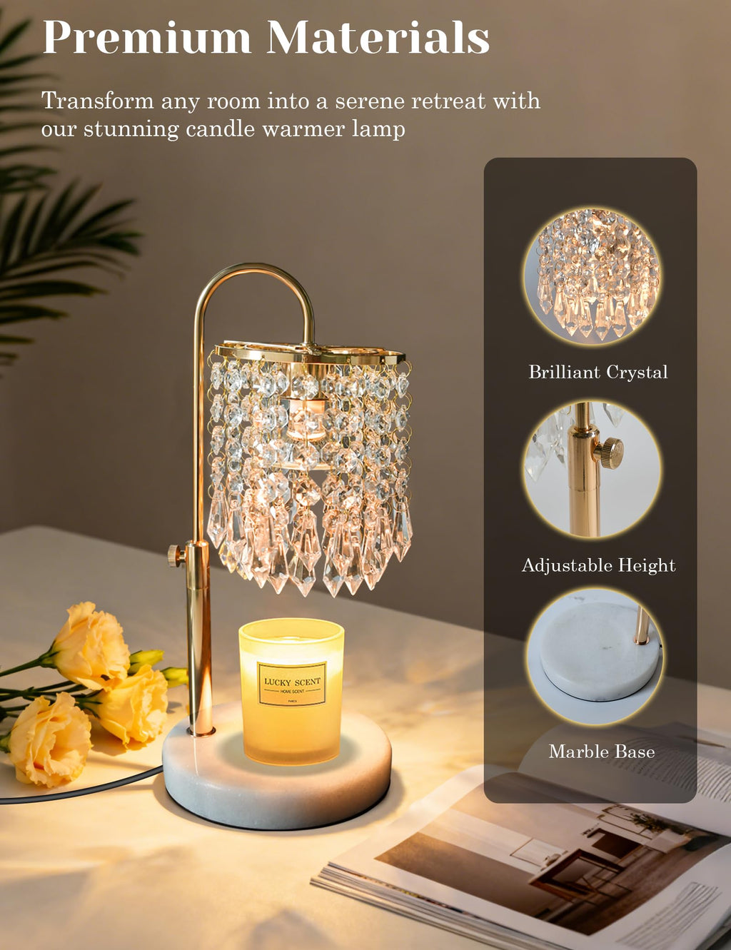 Candle Warmer Lamp with Timer Dimmable Adjustable Height Gold I75380