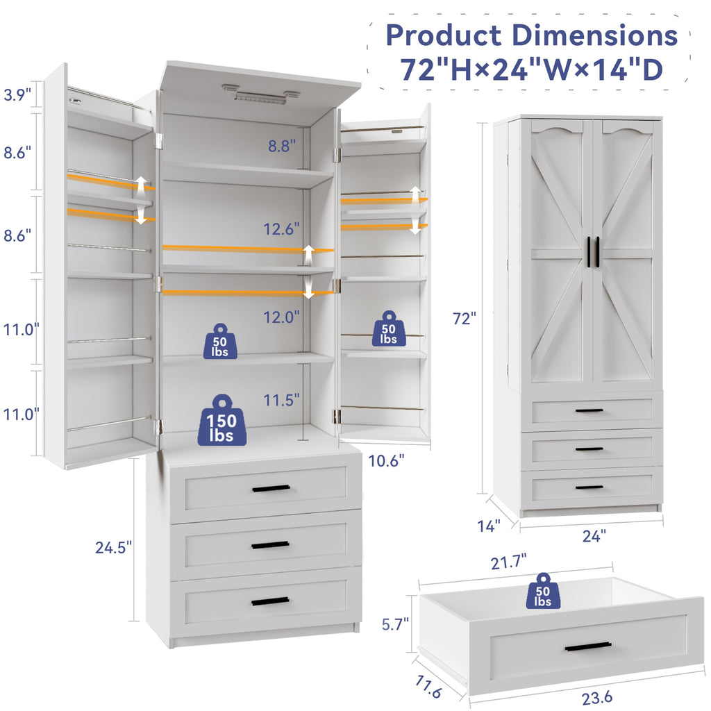 72" Wood Kitchen Pantry Cabinet with 3 Drawers R50369