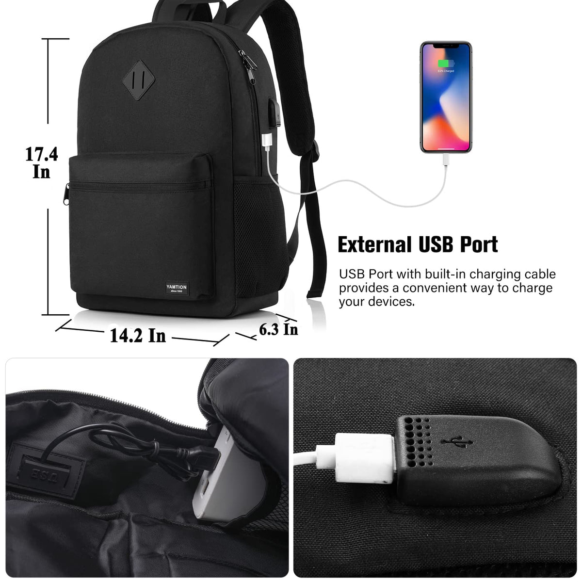 Black 15.6 Inch Laptop Backpack with USB Charger C8352