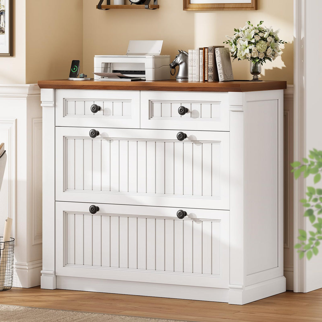 White Brown 4 Drawer Wood File Cabinet with Power Outlets N697684
