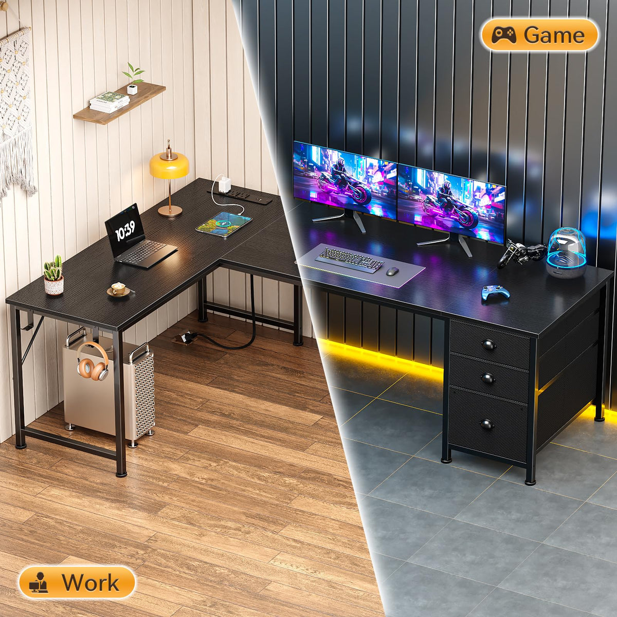 63" L Shaped Computer Desk with Outlets Black V646929