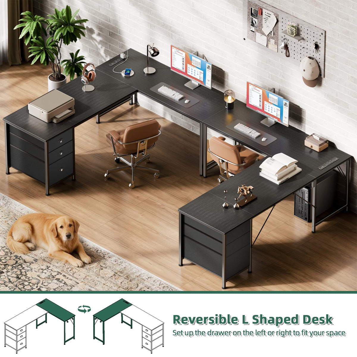 63" L Shaped Computer Desk with Outlets Black V646929
