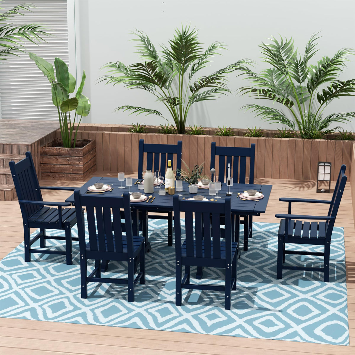 Navy Blue Plastic Outdoor Dining Chair with Arm G671701