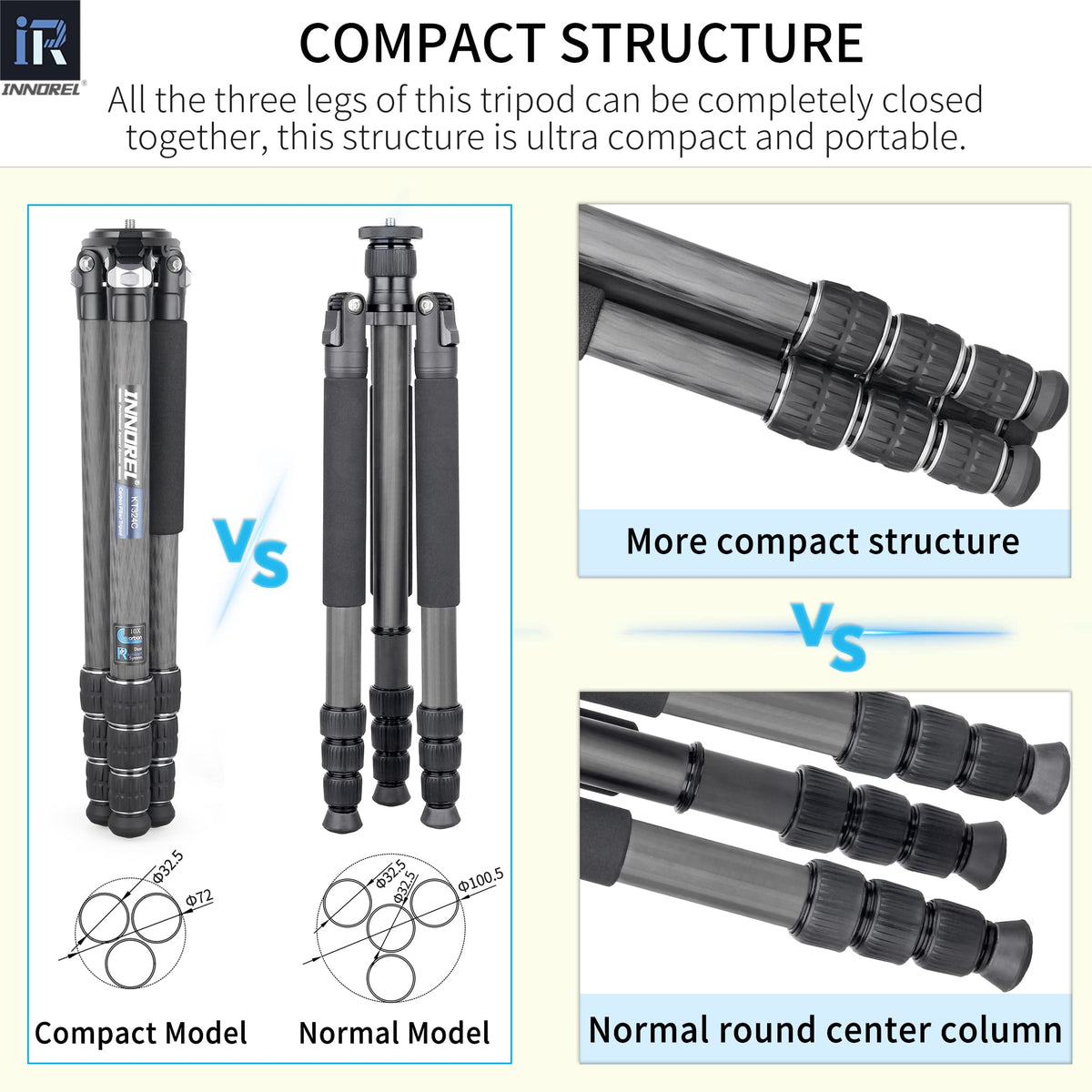 Carbon Fiber Tripod Without Head Portable Compact Travel Tripod 55lbs Max Load R293232