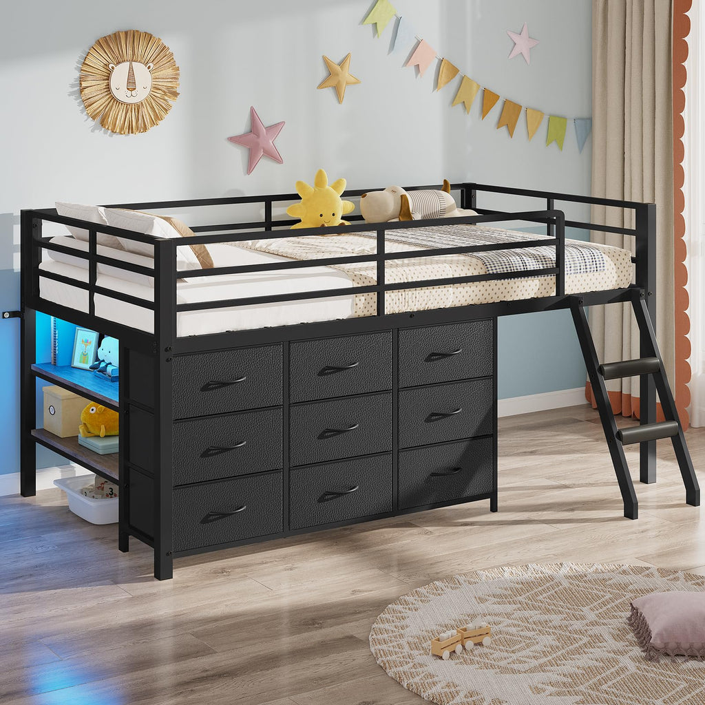 Twin Size Loft Bed with 9 Storage Drawers F4152