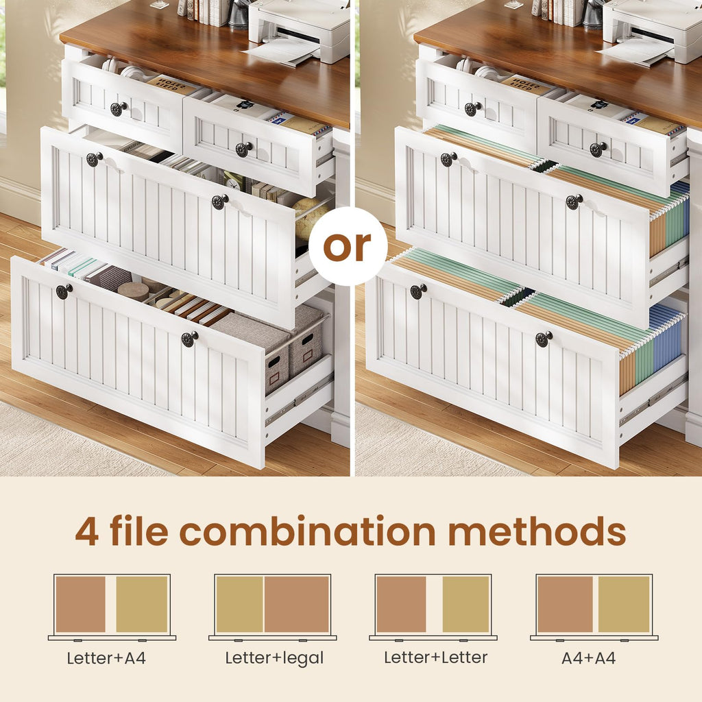 White Brown 4 Drawer Wood File Cabinet with Power Outlets N697684