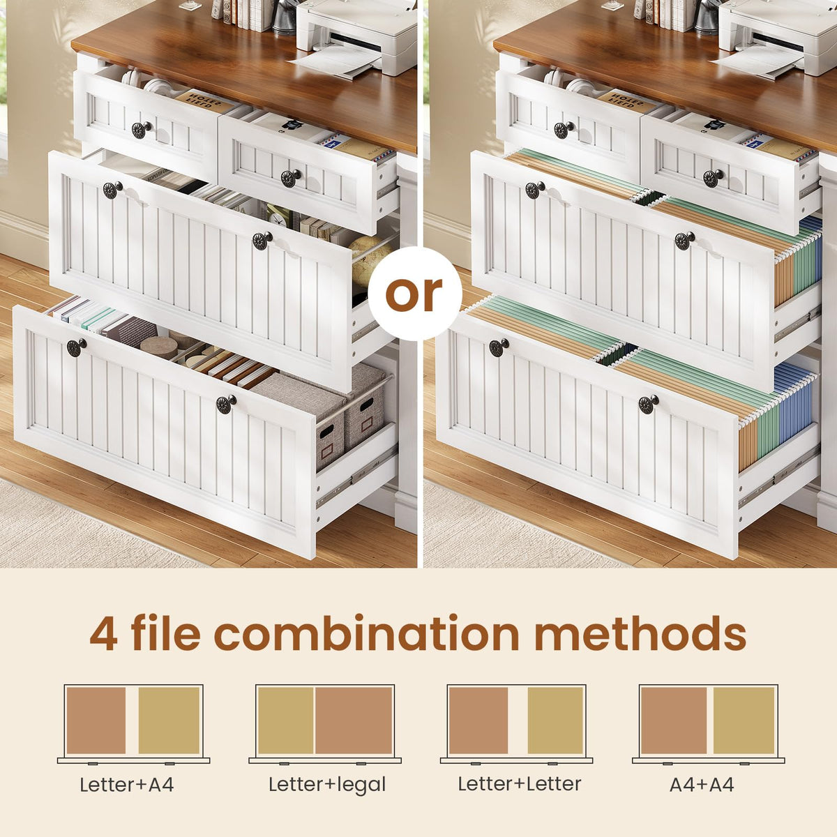 White Brown 4 Drawer Wood File Cabinet with Power Outlets N697684