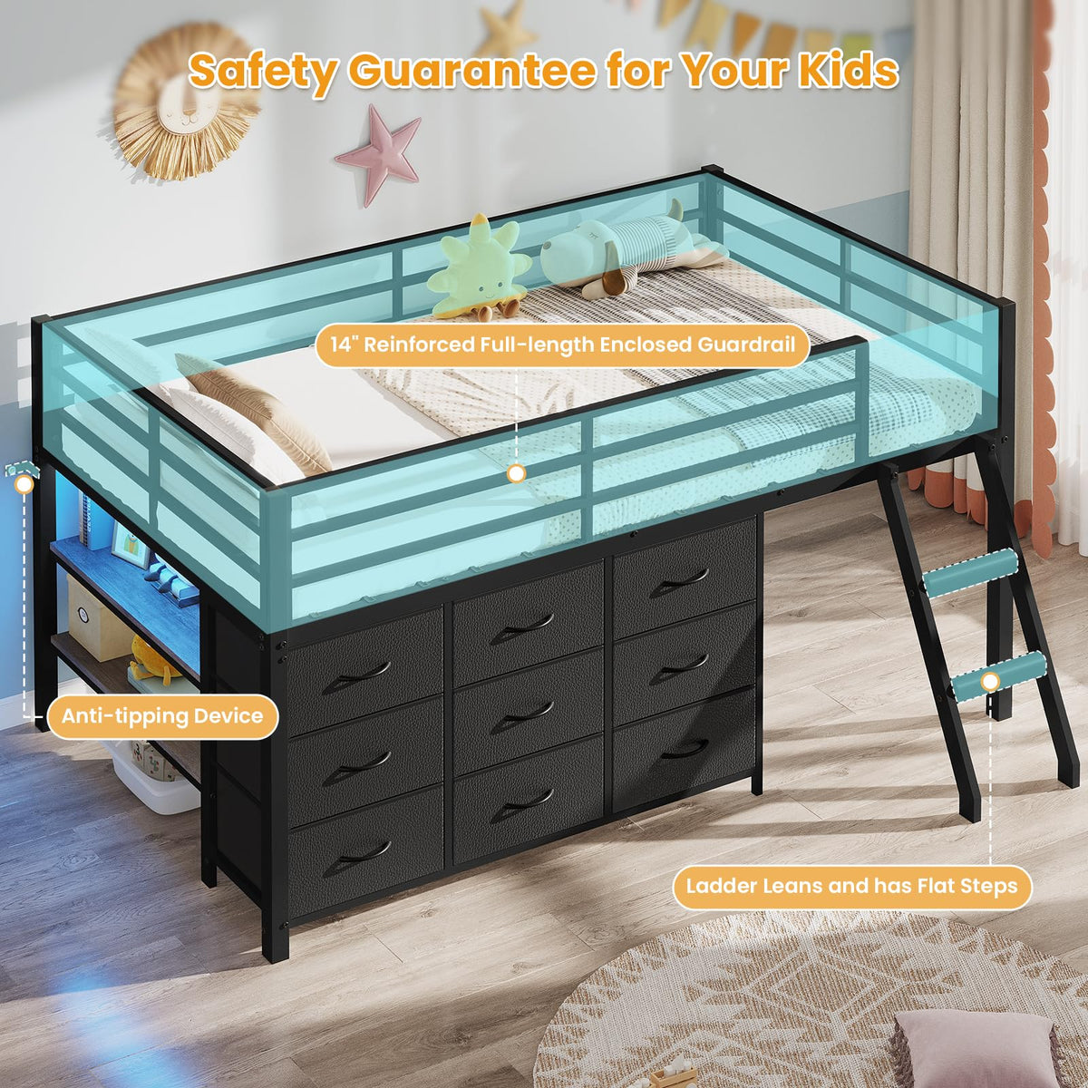 Twin Size Loft Bed with 9 Storage Drawers F4152