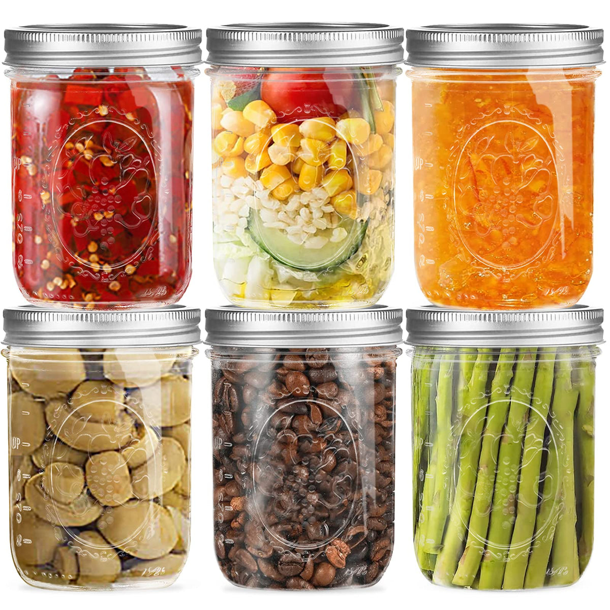 16 oz 6 Pack Wide Mouth Glass Mason Jars with Airtight Lids M1659