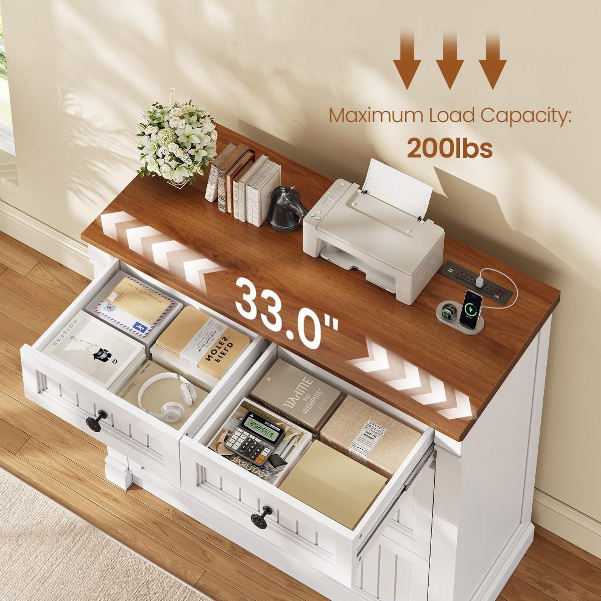 White Brown 4 Drawer Wood File Cabinet with Power Outlets N697684