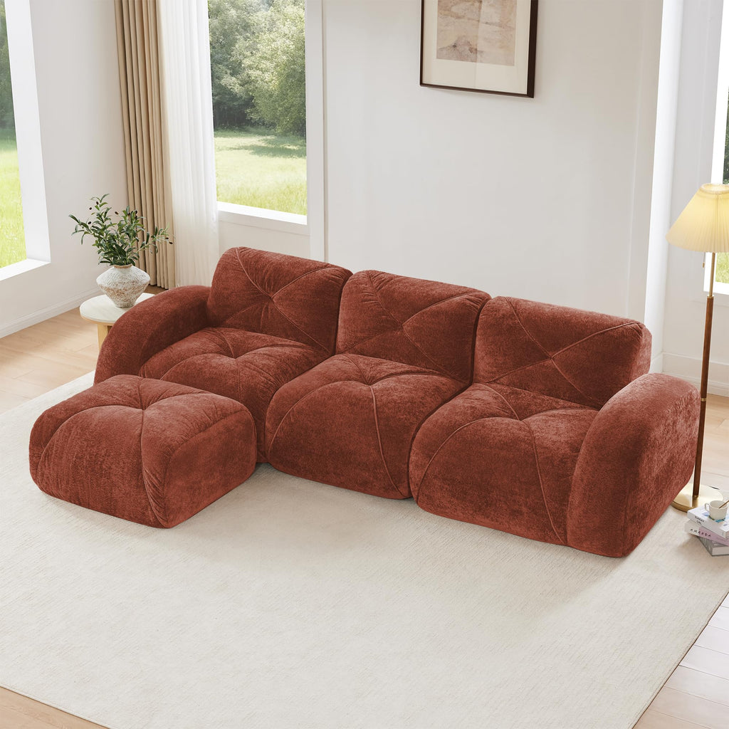 L-Shaped Orange Velvet Tufted Sofa with Ottoman B997
