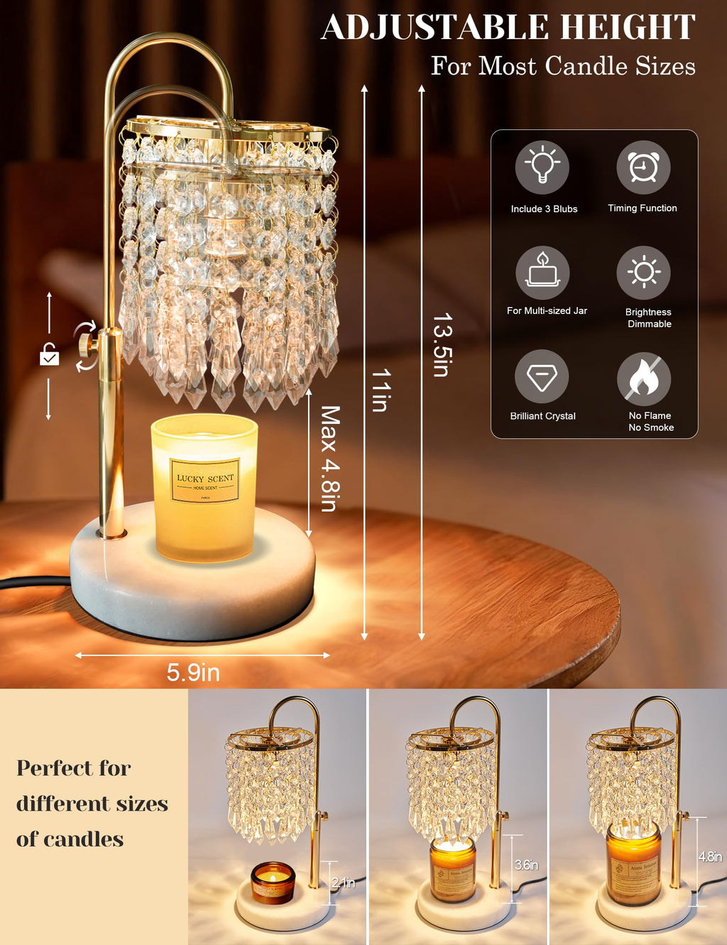 Candle Warmer Lamp with Timer Dimmable Adjustable Height Gold I75380