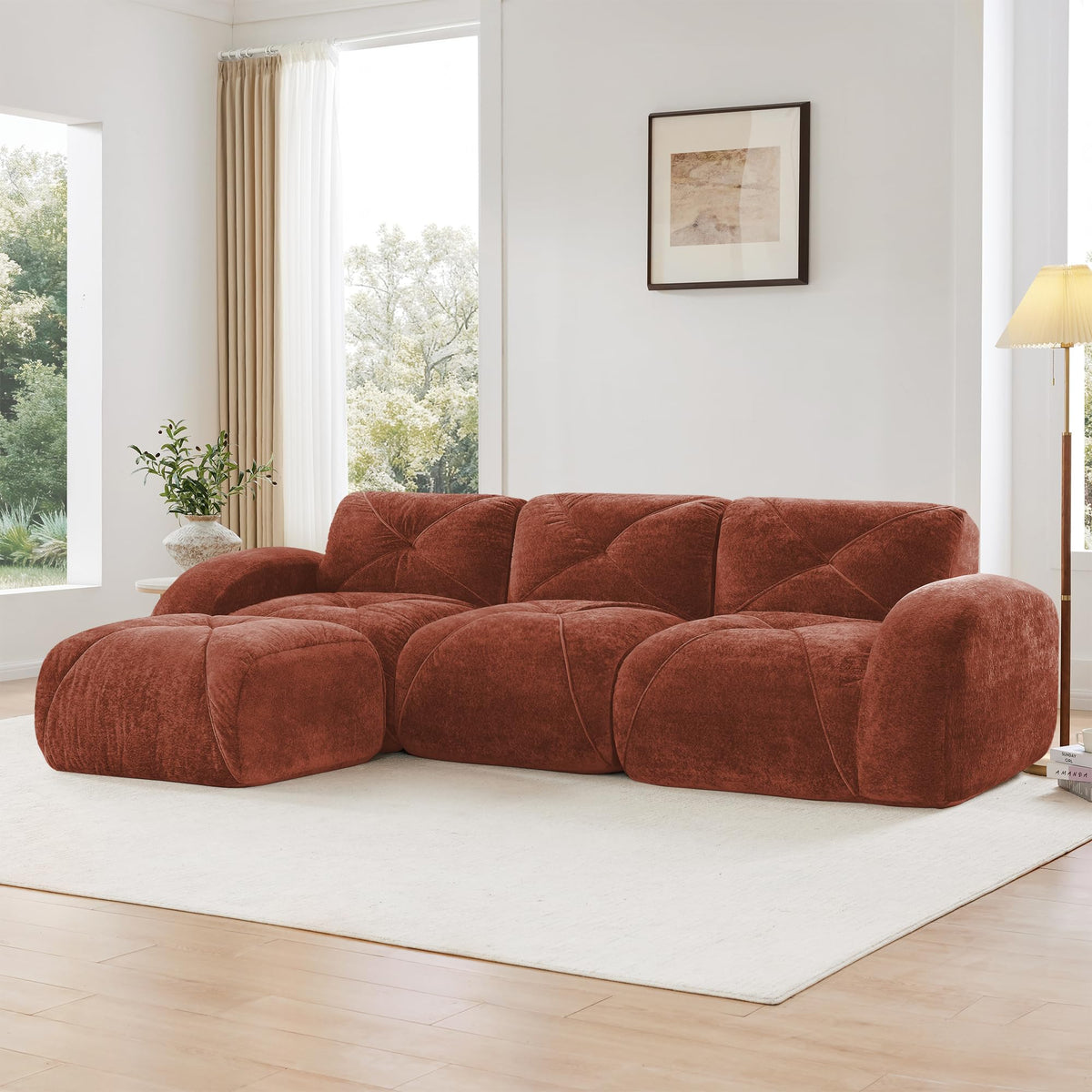 L-Shaped Orange Velvet Tufted Sofa with Ottoman B997