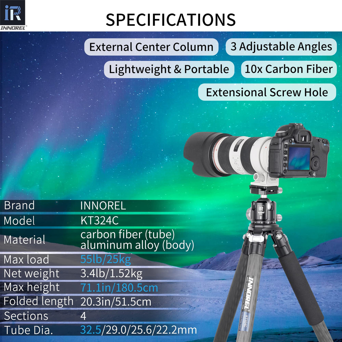Carbon Fiber Tripod Without Head Portable Compact Travel Tripod 55lbs Max Load R293232