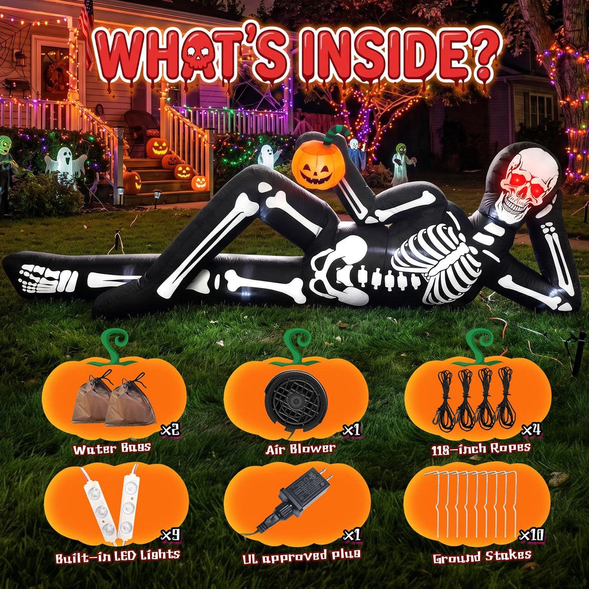 12FT Halloween Inflatable Lying Skeleton Decoration J3219
