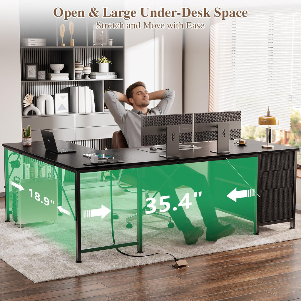 63" L Shaped Computer Desk with Outlets Black V646929