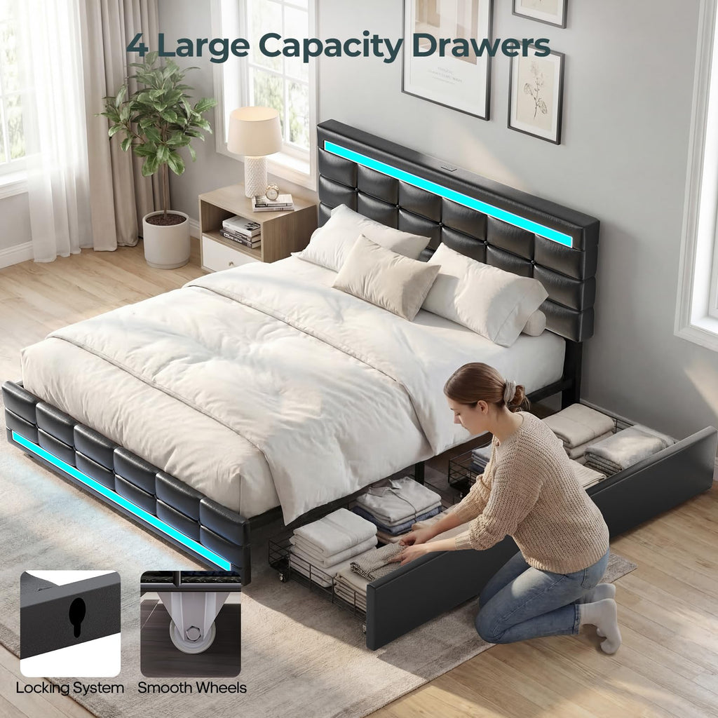 Queen Bed Frame with 4 Storage Drawers J346579