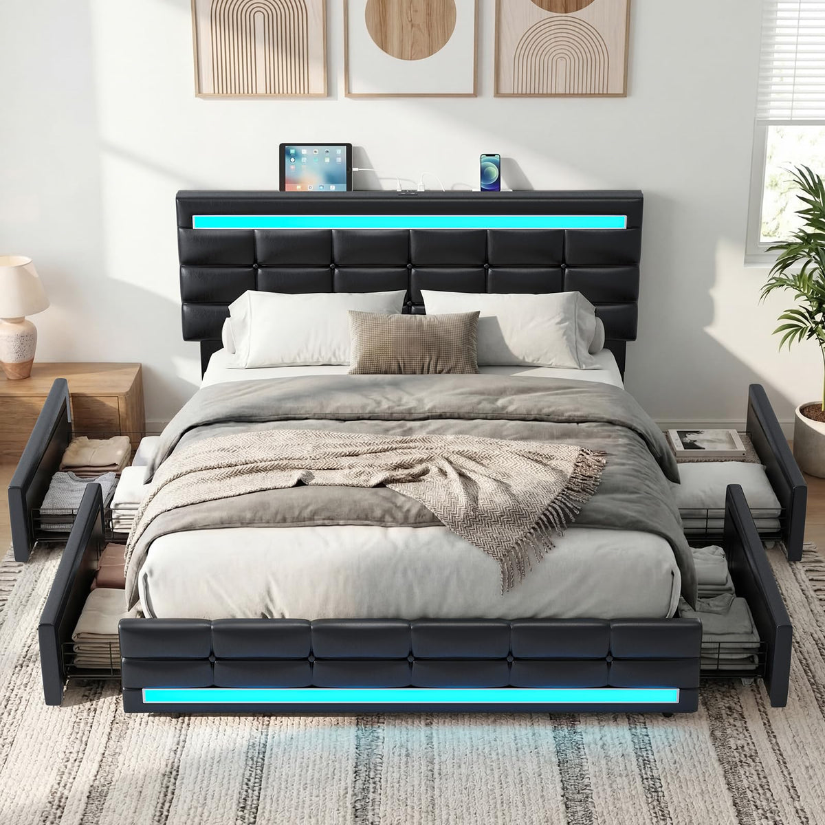 Queen Bed Frame with 4 Storage Drawers J346579