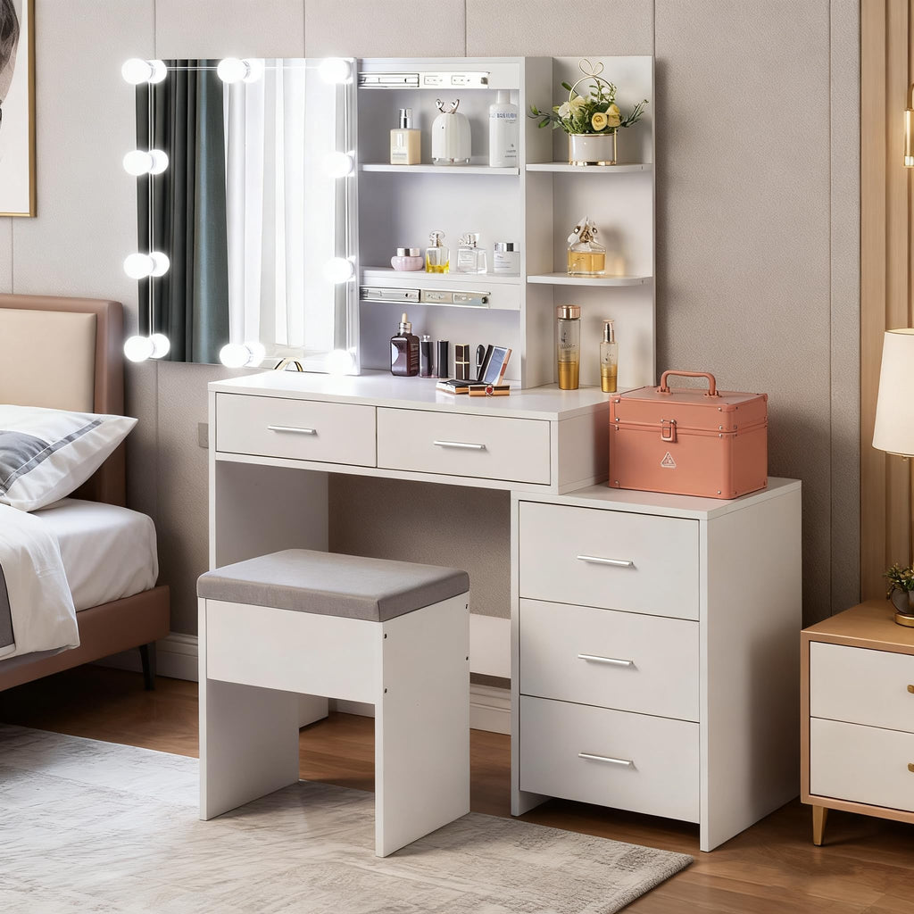 White Vanity Desk with Sliding Mirror Q236