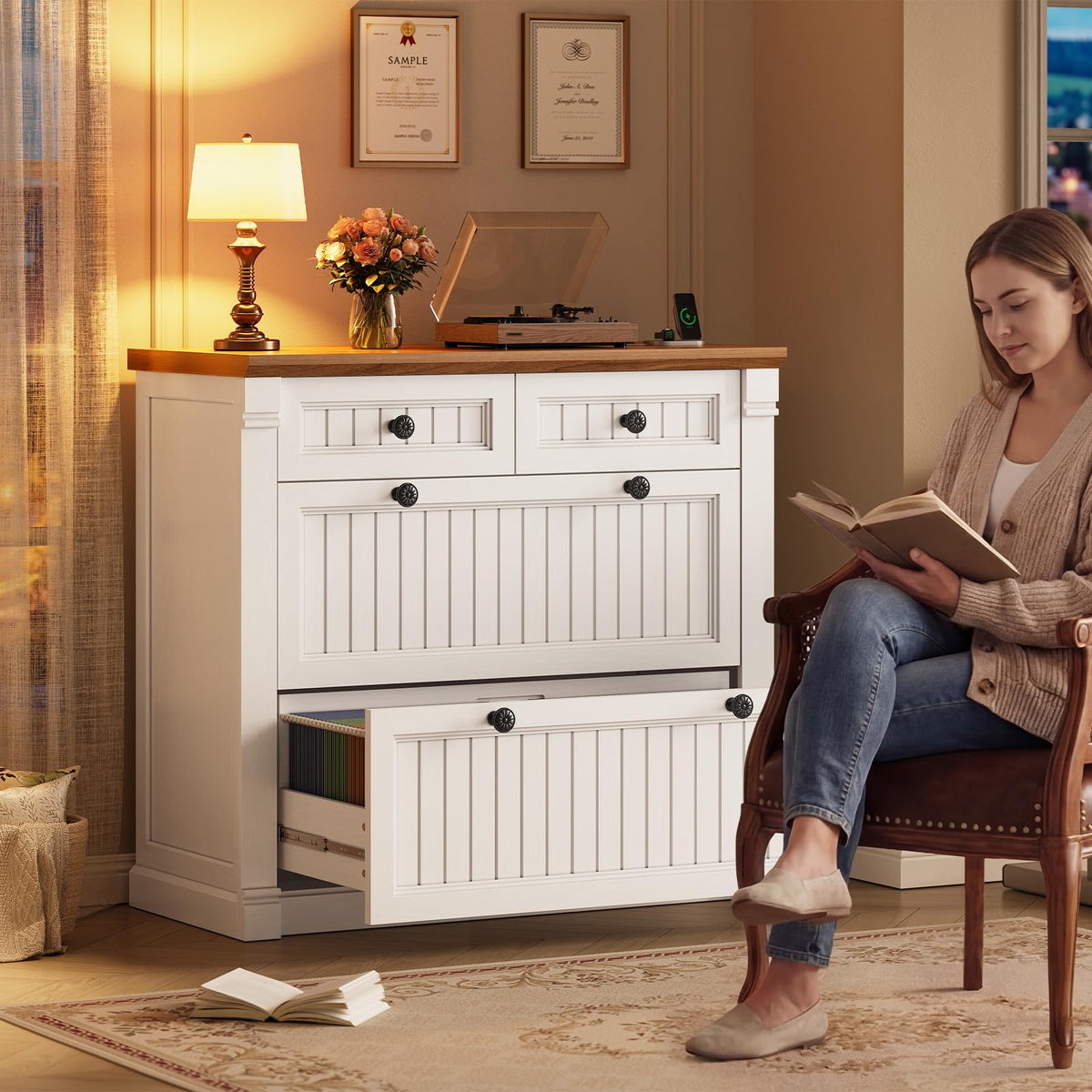 White Brown 4 Drawer Wood File Cabinet with Power Outlets N697684