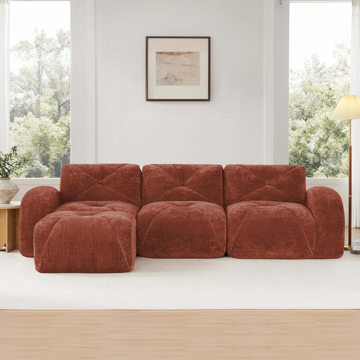 L-Shaped Orange Velvet Tufted Sofa with Ottoman B997