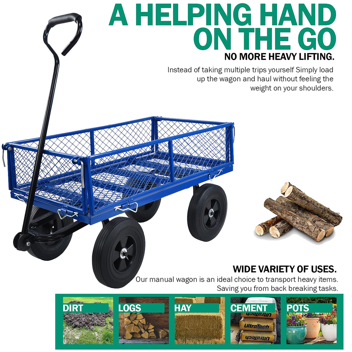 10" Flat Free Steel Garden Wagon Cart with Mesh Y6645