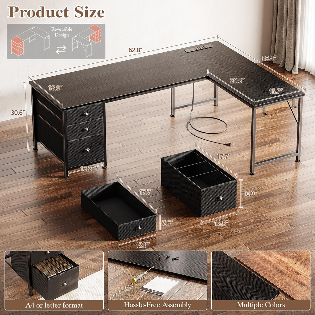 63" L Shaped Computer Desk with Outlets Black V646929